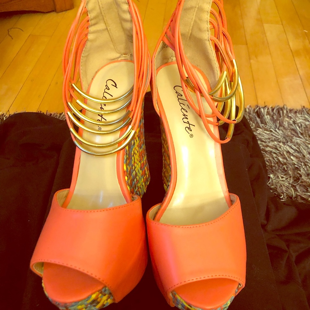 Coral Bright Basket Weave Wedge Heel Sandal